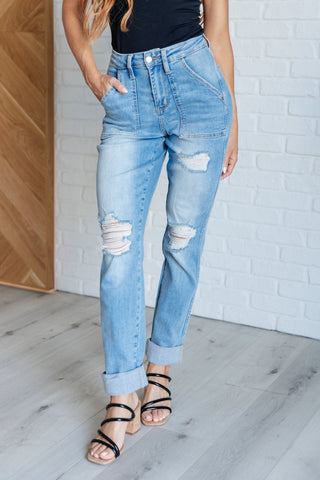 Judy Blue High Rise Patch Pocket Distressed Boyfriend Jeans - Style #88825