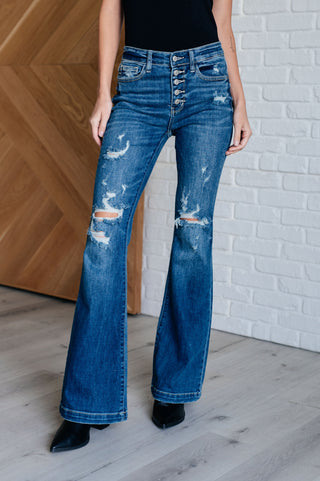 Judy Blue Mid Rise Distressed Button Fly Flare Jeans - Style #82430