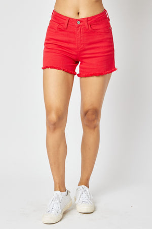 *LAST PAIR* Judy Blue Red Garment Dyed Frayed Hem Shorts - Style #150242