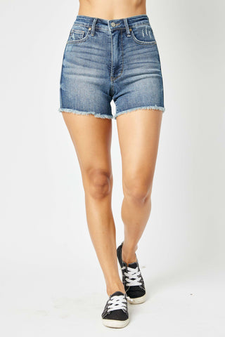 Judy Blue Tummy Control Frayed Hem Shorts - Style 150235