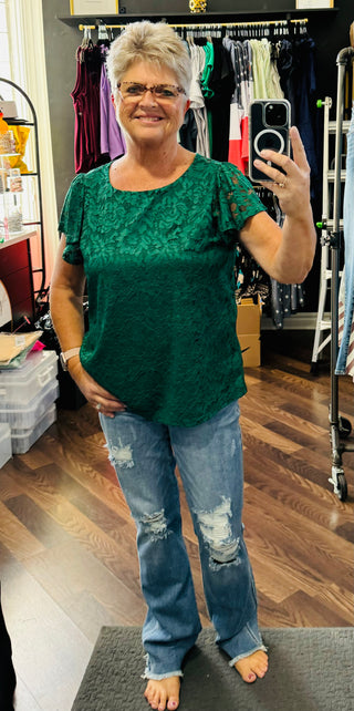 Evergreen Flutter Sleeve Lace Blouse