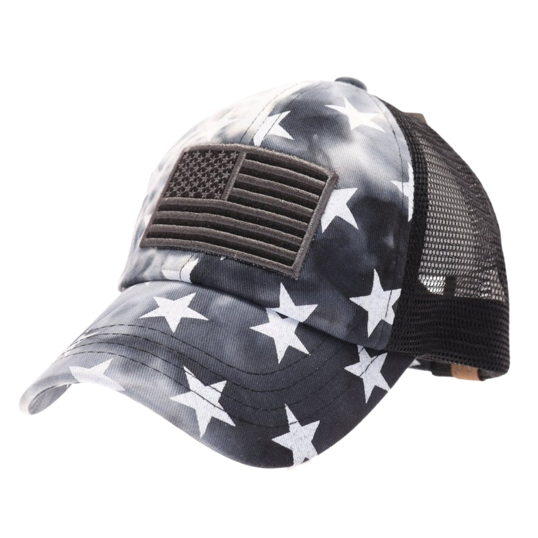 American Flag Patch & Star Tye Dye Criss Cross Ponytail Hat - Multiple Colors