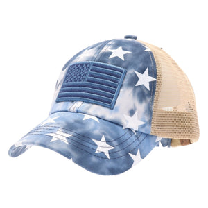 American Flag Patch & Star Tye Dye Criss Cross Ponytail Hat - Multiple Colors