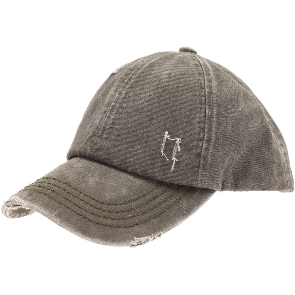 Dark Olive Washed Denim Criss Cross Ponytail Hat