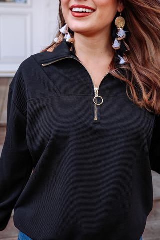 Black Ribbed Quarter Zip Pullover