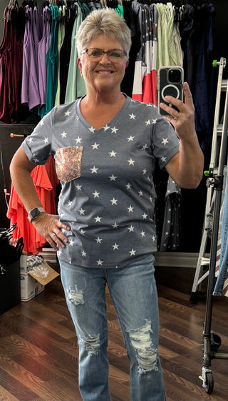 Sophie Pocket Tee w/ Stars & Sequin Pocket