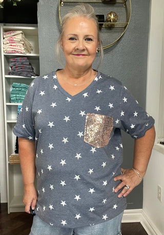 Sophie Pocket Tee w/ Stars & Sequin Pocket