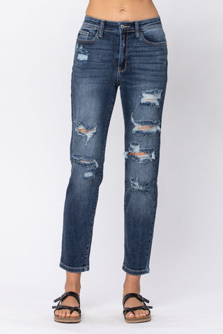 Judy Blue Dark Wash Distressed Boyfriend Jeans - Style 82156