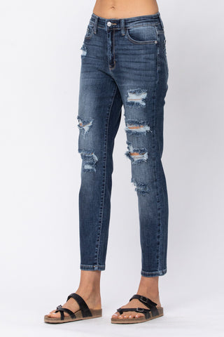 Judy Blue Dark Wash Distressed Boyfriend Jeans - Style 82156