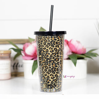 Leopard Glitter Tumbler w/ Straw