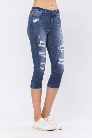 Judy Blue Distressed Patch Jean Capris - Style 82271