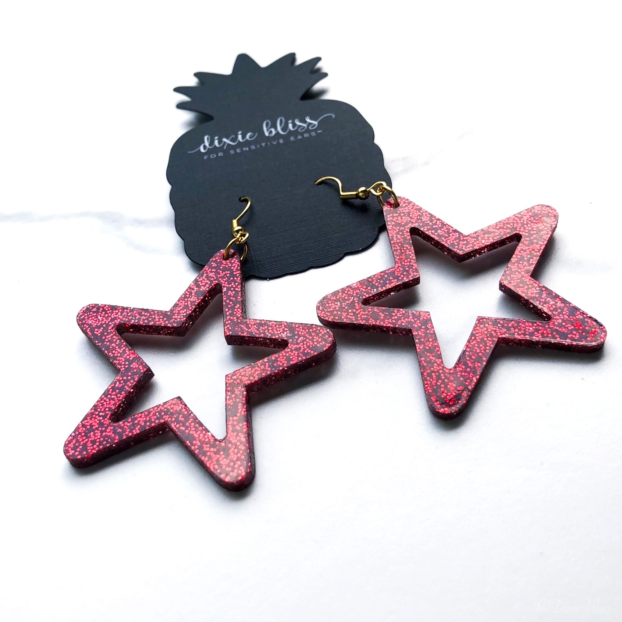 Retro Stars in Ruby Dangle Earrings