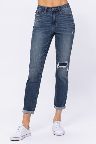 Judy Blue Dark Wash Knee Patch Boyfriend Jeans  - Style 88317