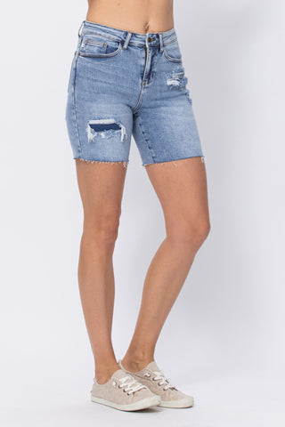 *LAST PAIR* Judy Blue Denim Patch Mid Length Shorts - Style 150094