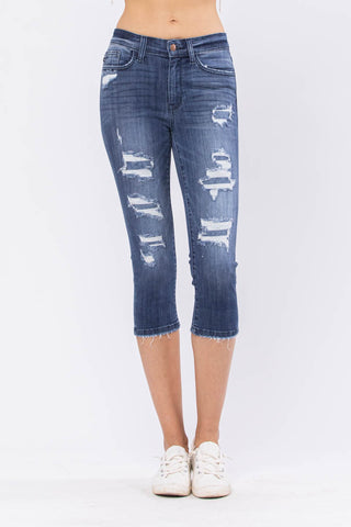 Judy Blue Distressed Patch Jean Capris - Style 82271