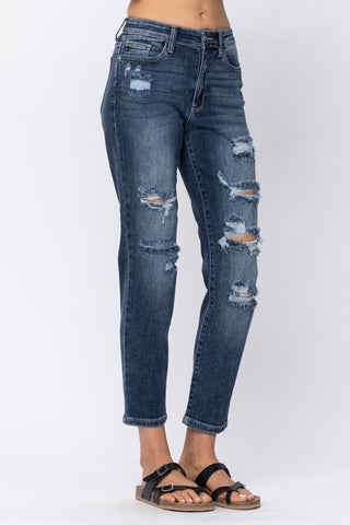 Judy Blue Dark Wash Distressed Boyfriend Jeans - Style 82156